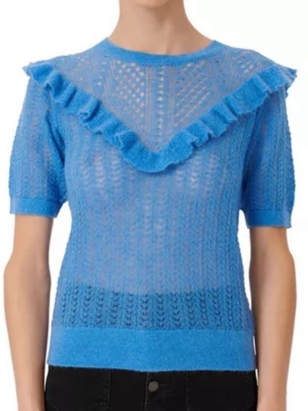 Maje Mohair Openwork Knit Sweater with Ruffles Light Blue Knit Top SZ 2 Small